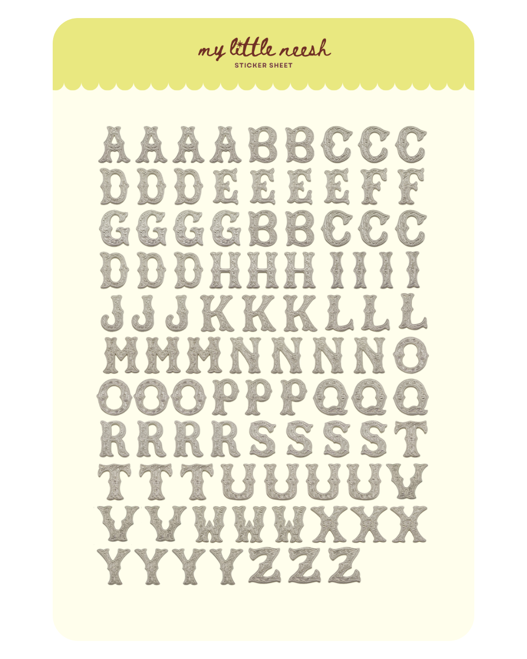 Silver Western Alphabet Sticker Sheet
