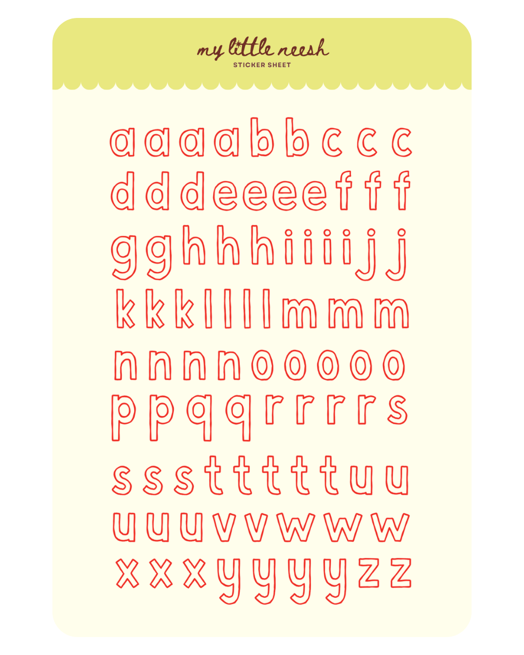 Red Lowercase Alphabet Sticker Sheet
